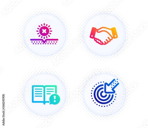 Employees handshake, No sun and Facts icons simple set. Button with halftone dots. Targeting sign. Deal hand, Uv protect, Important information. Click. Business set. Vector