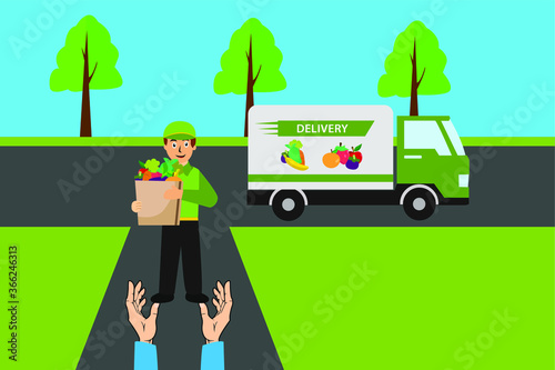 Fruit delivery vector concept: happy courier delivering a bag full of fruits and vegetables