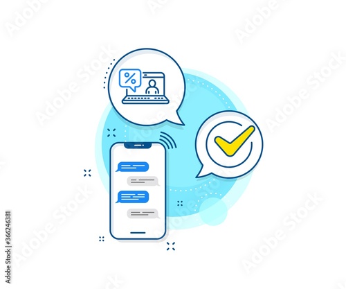 Discount sign. Phone messages complex icon. Online loan percent line icon. Credit percentage symbol. Messenger chat screen banner. Online loan sign. Vector