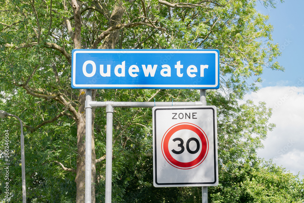 Place name sign of Oudewater, a town in the western part of The Netherlands. 