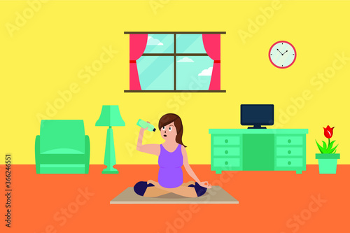 Prenatal yoga vector concept: pregnant woman drinking bottled water while doing lotus pose of yoga in the living room