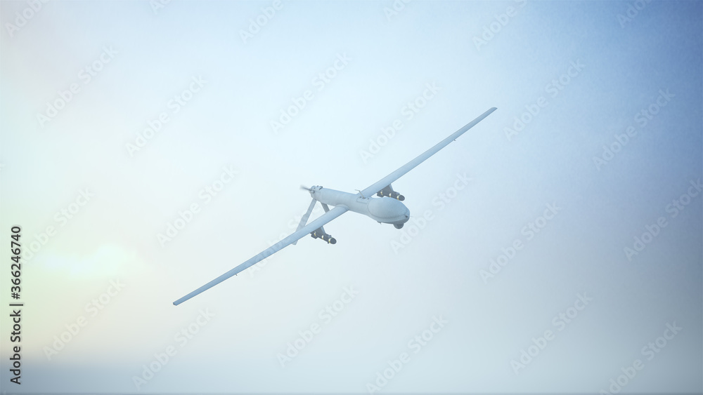 Obraz premium Drone Unmanned Aerial Vehicle Aircraft Flying Low Sunrise Sunset 3d illustration 3d render