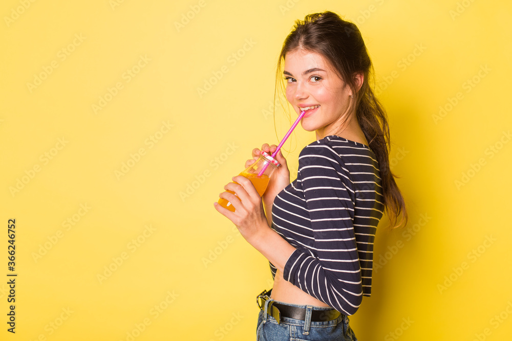 Beauty young hipster girl drink fresh juice, natural face, happy woman Beauty young hipster girl drink fresh juice, natural face, happy woman