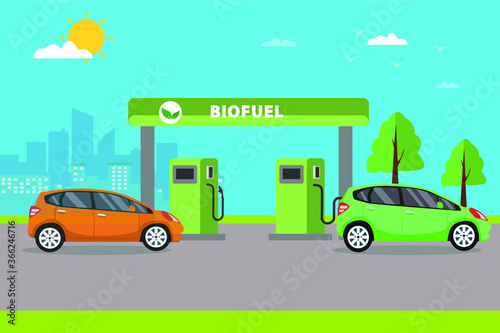 Biofuel vector concept: cars filling up gas a biofuel station © Creativa Images