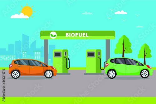 Biofuel vector concept: cars filling up gas a biofuel station