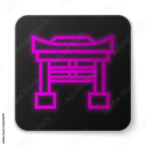 Glowing neon line Japan Gate icon isolated on white background. Torii gate sign. Japanese traditional classic gate symbol. Black square button. Vector Illustration.