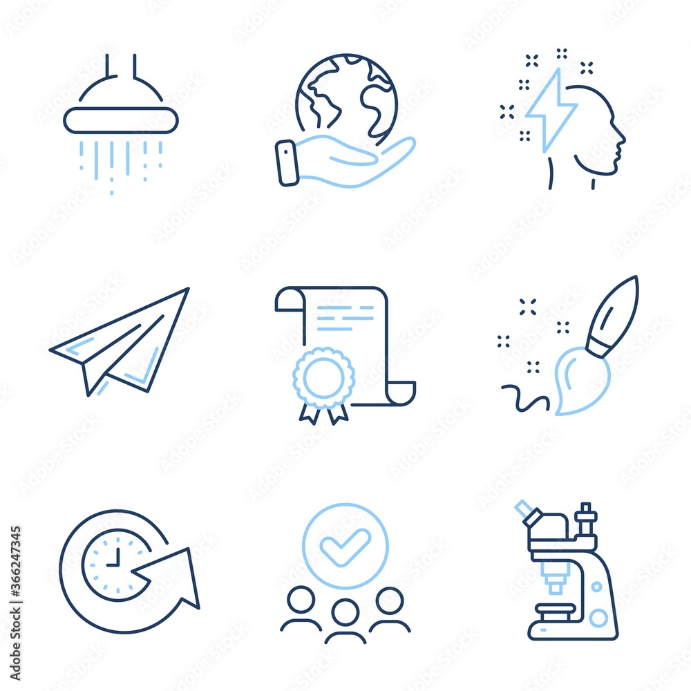 Update time, Paint brush and Brainstorming line icons set. Diploma certificate, save planet, group of people. Paper plane, Microscope and Shower signs. Vector Update time, Paint brush and Brainstorming line icons set. Diploma certificate, save planet, group of people. Paper plane, Microscope and Shower signs. Vector