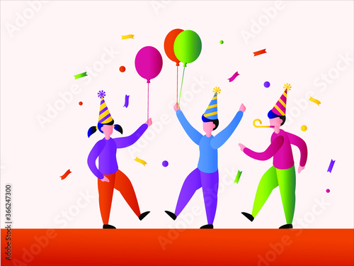 Birthday party vector concept: group of children dancing at a birthday party with confetti and balloons