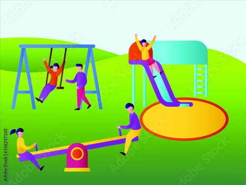 Birthday party vector concept: group of children dancing at a birthday party with confetti and balloons