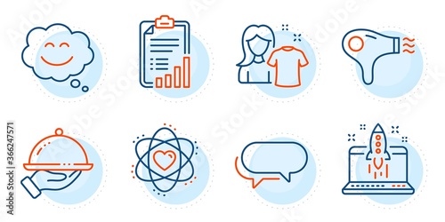 Clean shirt, Hair dryer and Checklist signs. Smile chat, Messenger and Atom line icons set. Start business, Restaurant food symbols. Happy face, Speech bubble. Business set. Outline icons set. Vector