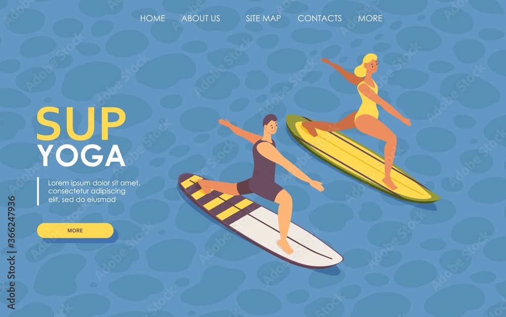 Landing page isometric guy and girl doing sup yoga on surfboard. 3d concept illustration Landing page isometric guy and girl doing sup yoga on surfboard. 3d concept illustration