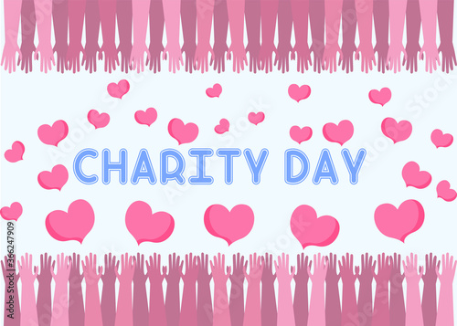 Charity Day banner vector concept: frame of diverse arms raising together in solidarity
