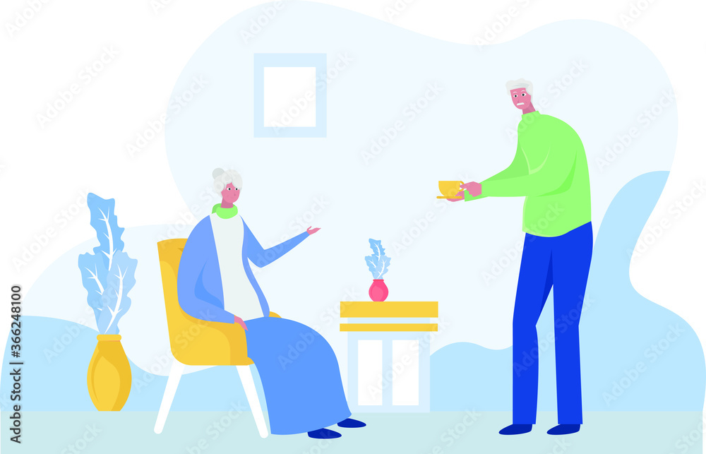 Eternal love vector concept: elderly man giving a cup of tea to his old wife