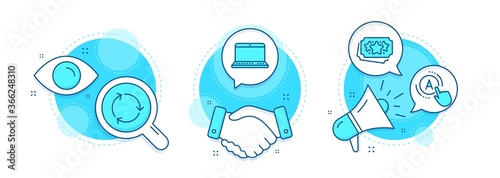 Ab testing, Notebook and Recycling line icons set. Handshake deal, research and promotion complex icons. Loyalty points sign. A test, Laptop computer, Reduce waste. Bonus coupon. Business set. Vector