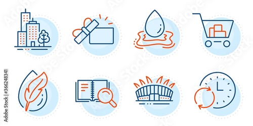 Skyscraper buildings, Opened gift and Update time signs. Hypoallergenic tested, Internet shopping and Water splash line icons set. Arena stadium, Search book symbols. Outline icons set. Vector