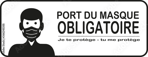 affiche pour le port du masque obligatoire en noir avec un être humain portant un masque sur un fond blanc