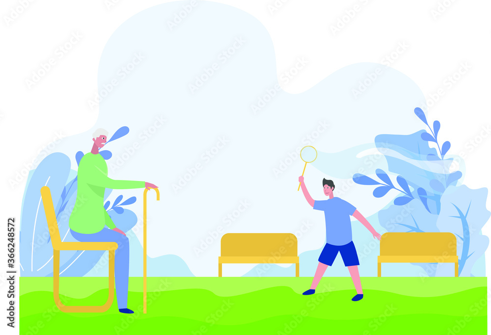 Family moment vector concept: grandfather accompanying his grandson playing badminton