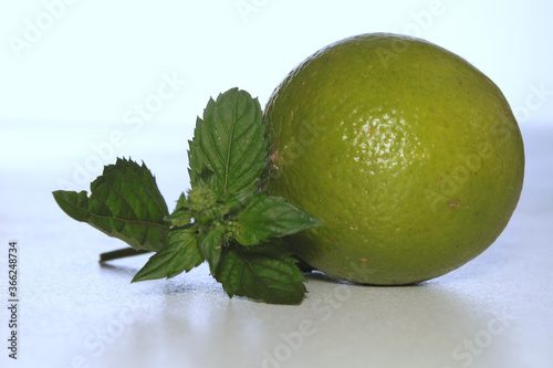 close-up of citrus fruit with mint sprig  whole lime on light background