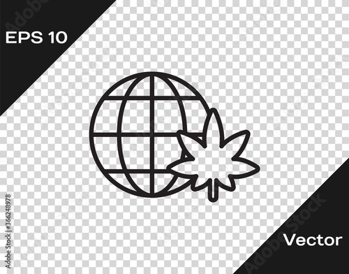 Black line Legalize marijuana or cannabis globe symbol icon isolated on transparent background. Hemp symbol. Vector Illustration.