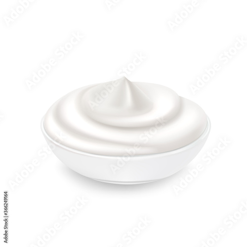White cream in a bowl, yoghurt, mayonnaise or sour cream, vector dairy products, element for design and packaging.