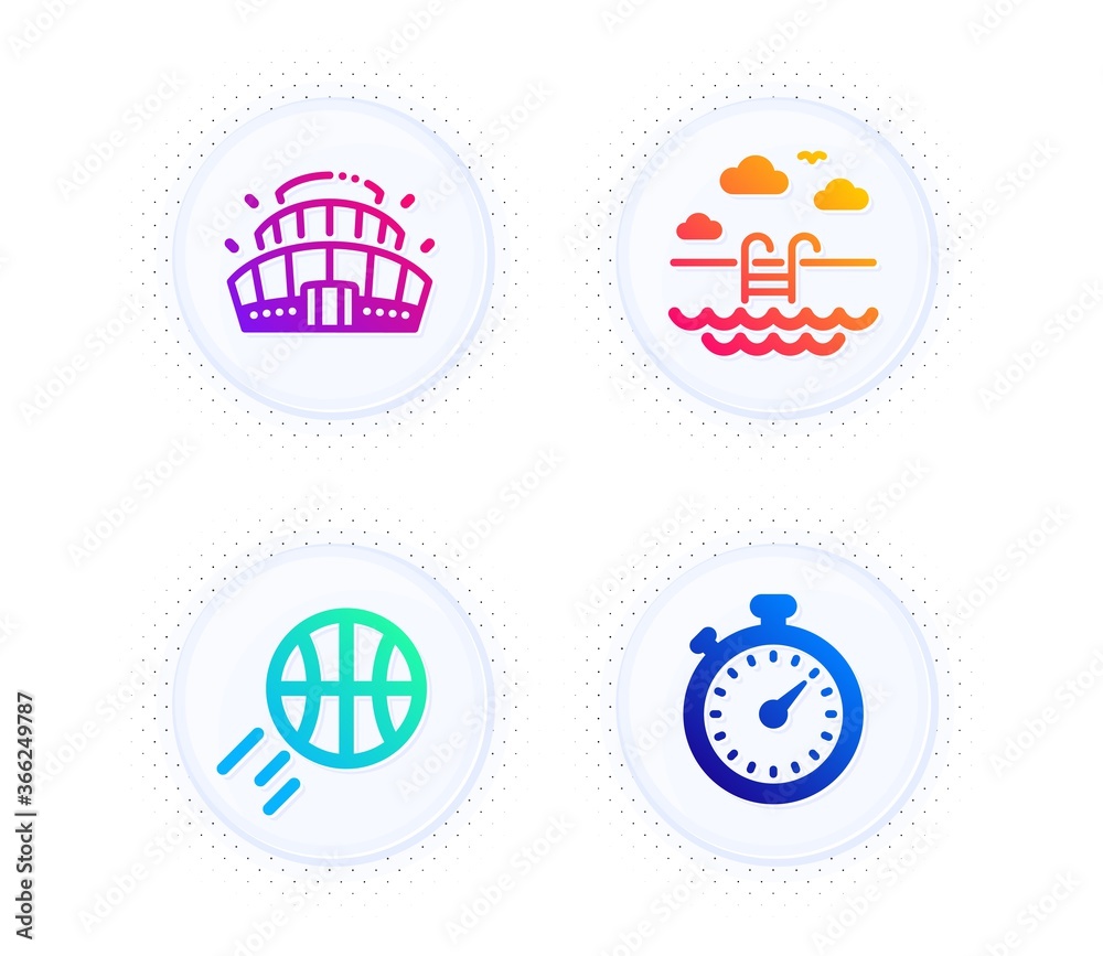 Basketball, Swimming pool and Arena stadium icons simple set. Button with halftone dots. Timer sign. Sport ball, Basin, Competition building. Stopwatch gadget. Sports set. Vector