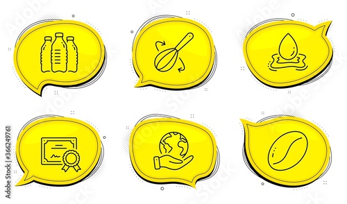 Coffee beans sign. Diploma certificate, save planet chat bubbles. Water bottles, Cooking whisk and Water splash line icons set. Aqua drinks, Cutlery, Aqua drop. Vegetarian seed. Vector