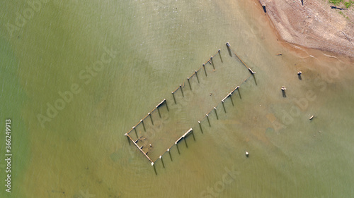 Canvas Print Aerial top view of Old temples in the water at Sangklaburi in Kanchanaburi provi