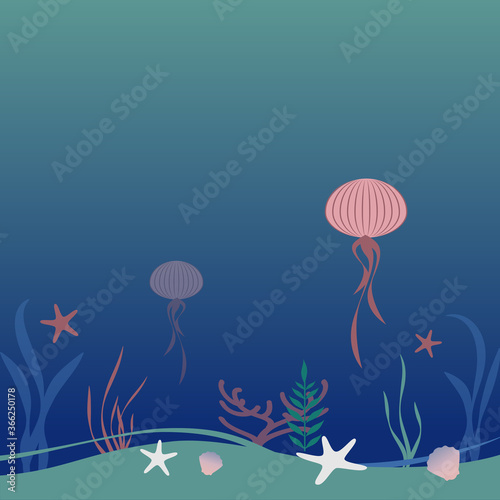 Seabed with empty space, starfish, jellyfish, shells, coral and algae