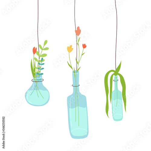 Green plants in pots from glass bottles. Cute bottles with flowers. Zero waste, upcycling ideas, reuse of utilized, vertical gardening concept. Colourful vector illustration on white background