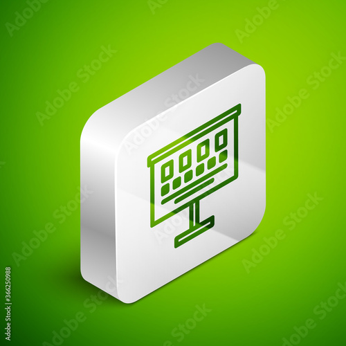 Isometric line Eye test chart icon isolated on green background. Poster for vision testing in ophthalmic study. Snellen chart. Silver square button. Vector Illustration.