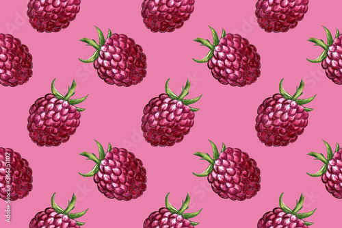 Hand drawn illustration of raspberry. Seamless pattern with berry drawing. Organic fruit grown on the farm