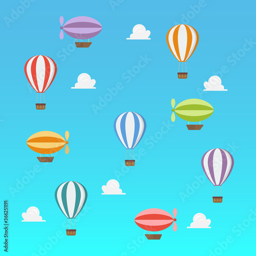Airships and hot ait balloon flying on blue sky