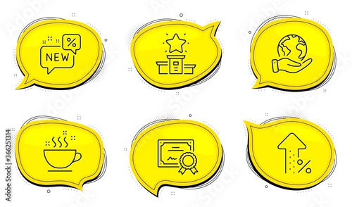 New sign. Diploma certificate, save planet chat bubbles. Coffee cup, Winner podium and Increasing percent line icons set. Hot drink, First place, Discount. Business set. Outline icons set. Vector