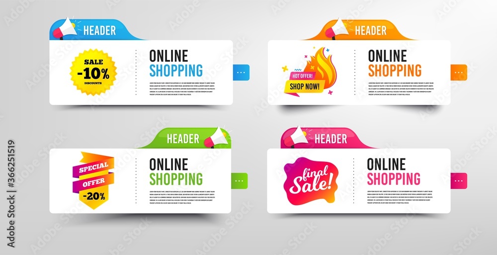 Final sale, 10% discounts and Special offer. Megaphone promotional banner. Discount banner with speech bubble. Shop now badge. Online shopping template with loudspeaker. Vector