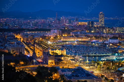 Aerial view of Barcelona city skyline with city traffic and port with yachts illuminated in the night. Barcelona, Spain © Dmitry Rukhlenko