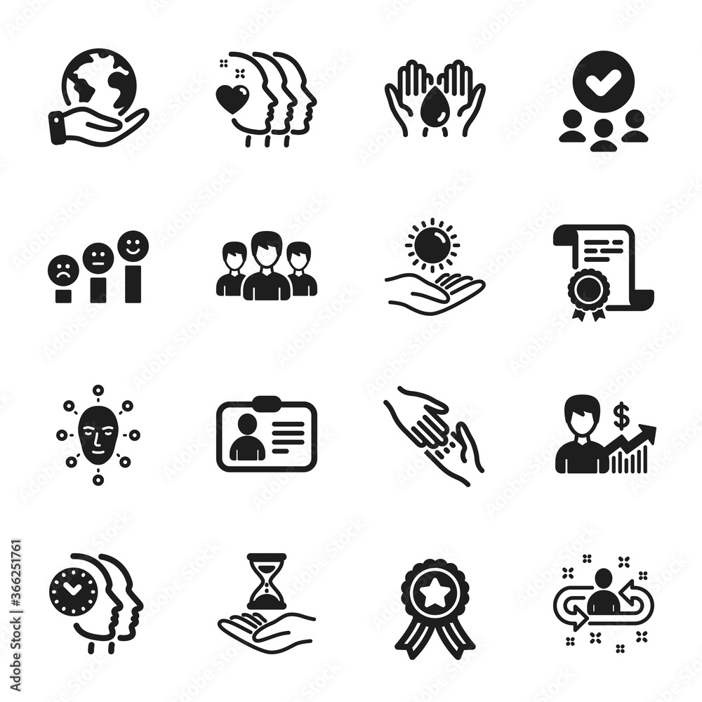 Set of People icons, such as Customer satisfaction, Helping hand. Certificate, approved group, save planet. Time management, Recruitment, Face biometrics. Vector