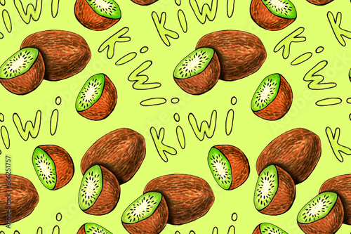 Hand drawn illustration of kiwi. Seamless pattern with fruit drawing. Organic fruit grown on the farm