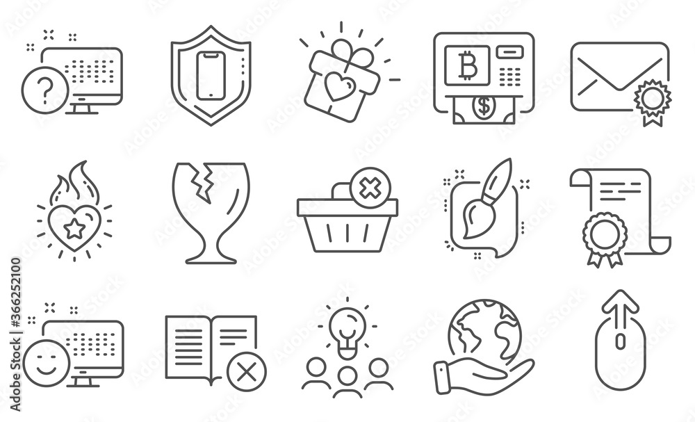 Set of Business icons, such as Bitcoin atm, Heart flame. Diploma, ideas, save planet. Fragile package, Painting brush, Online quiz. Swipe up, Reject book, Smile. Vector Set of Business icons, such as Bitcoin atm, Heart flame. Diploma, ideas, save planet. Fragile package, Painting brush, Online quiz. Swipe up, Reject book, Smile. Vector