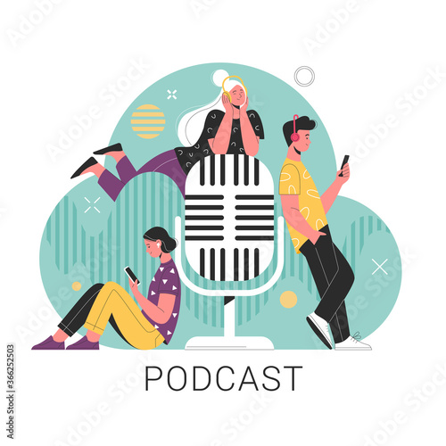 Podcast concept. Vector illustration in trendy flat style of three young people in headphones, placed around the microphone. Isolated on abstract background