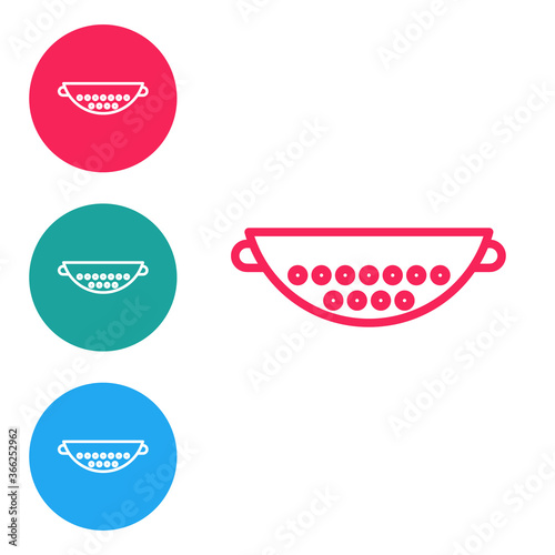 Red line Kitchen colander icon isolated on white background. Cooking utensil. Cutlery sign. Set icons in circle buttons. Vector Illustration.