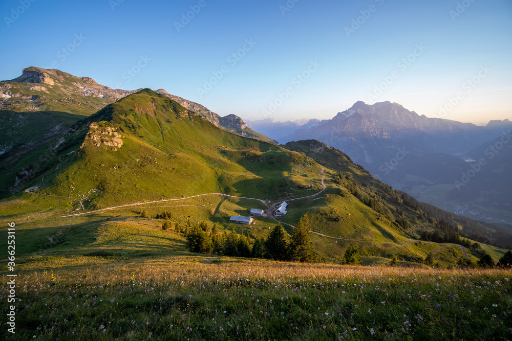 Beautiful Swiss mountain landscape in late summer evening
