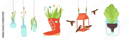 Zero waste, upcycling craft ideas set, reuse of utilized. Green plant in pot from plastic bottles and boots, glass vase with flowers, carton bird feeder from milk or juice package. Vector illustration