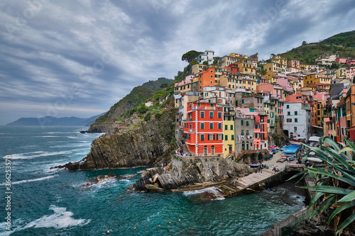 Riomaggiore village popular tourist destination in Cinque Terre National Park a UNESCO World Heritage Site, Liguria, Italy in stormy weather