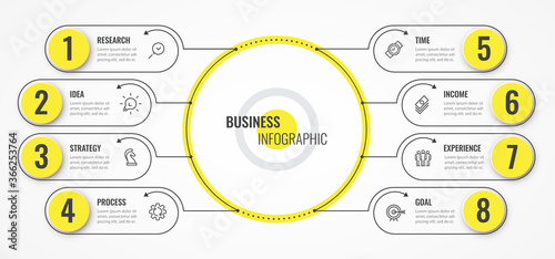 Circular Infographic thin line design template with arrows and 8 options or steps. Can be used for process diagram, presentations, workflow layout, banner, flow chart, info graph.