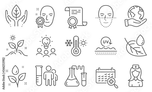 Set of Healthcare icons, such as Face verified, Uv protection. Diploma, ideas, save planet. Medical calendar, Fair trade, Face recognition. Hospital nurse, Medical analyzes, Plants watering. Vector