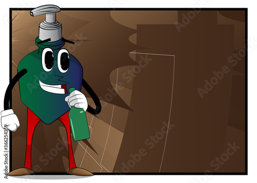 Bottle of hand sanitizer gel with face holding a bottle. Liquid soap for hygiene, virus protection. Vector Cartoon illustration.
