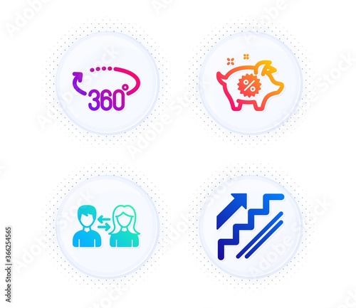 People communication, Piggy sale and 360 degrees icons simple set. Button with halftone dots. Stairs sign. People talking, Discounts, Full rotation. Stairway. Business set. Vector