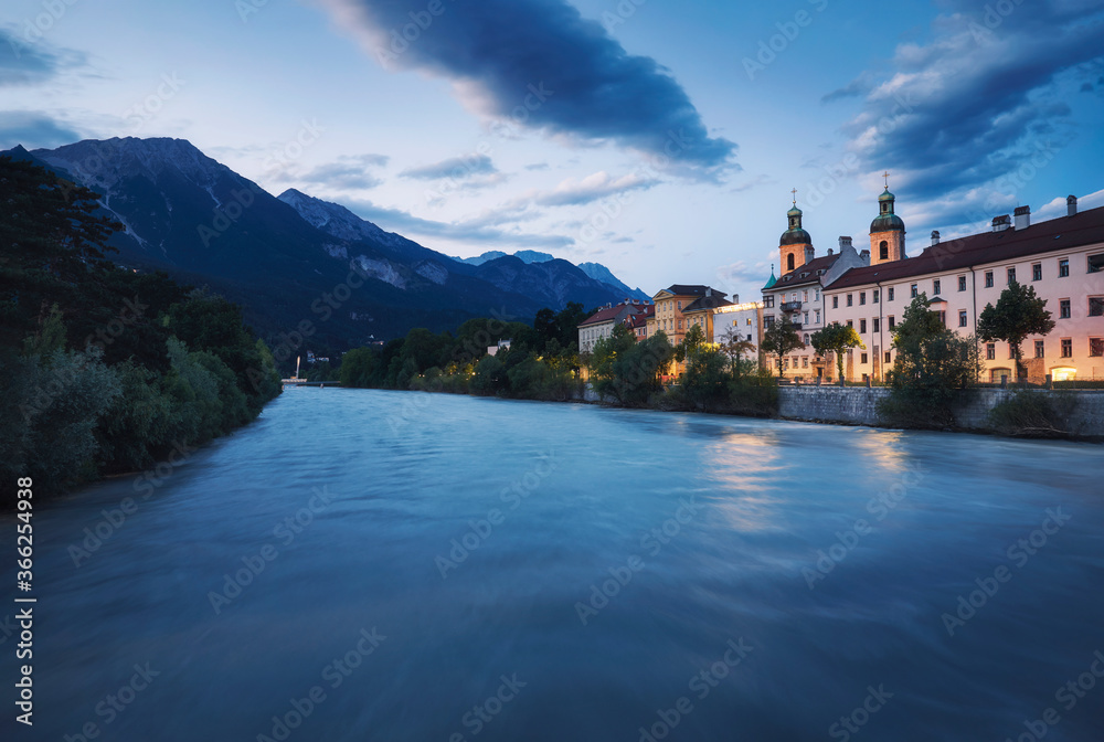 Photograph of the river Eno at night, with the Tyrol in the background. Innsbruck, Austria.