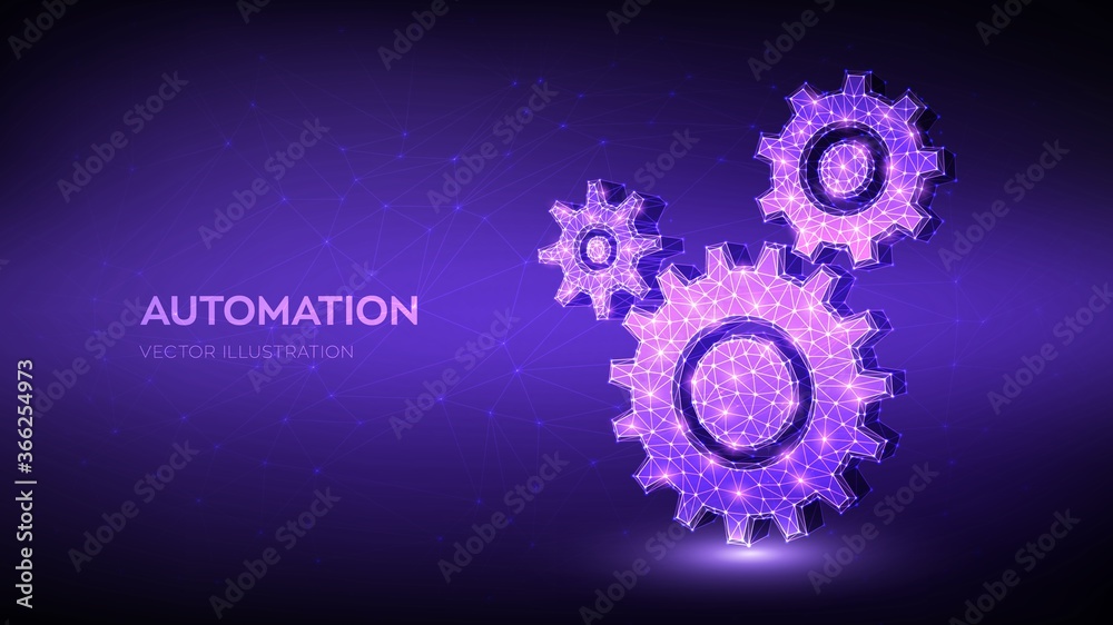 Gears. Mechanical technology machine engineering symbol. Abstract wireframe low polygonal 3D gears. RPA. Industry development, engine work, business solution concept. Vector illustration.