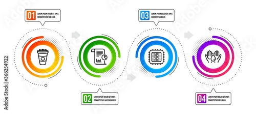 Takeaway coffee, Safe water and Report line icons set. Infographic timeline. Cpu processor sign. Hot latte drink, Hold drop, Work analysis. Computer component. Business set. Vector